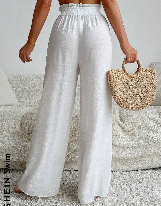 Women White High Waist Ruffle Tied Wide Leg Beach Swimsuit