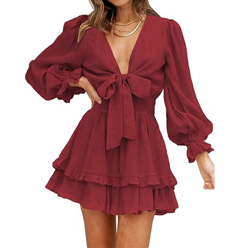 Ruffled Slimming Long Sleeves Short Dress