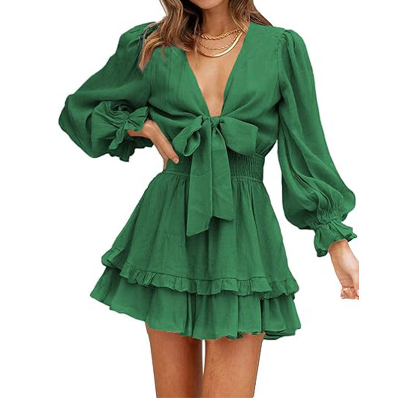 Ruffled Slimming Long Sleeves Short Dress