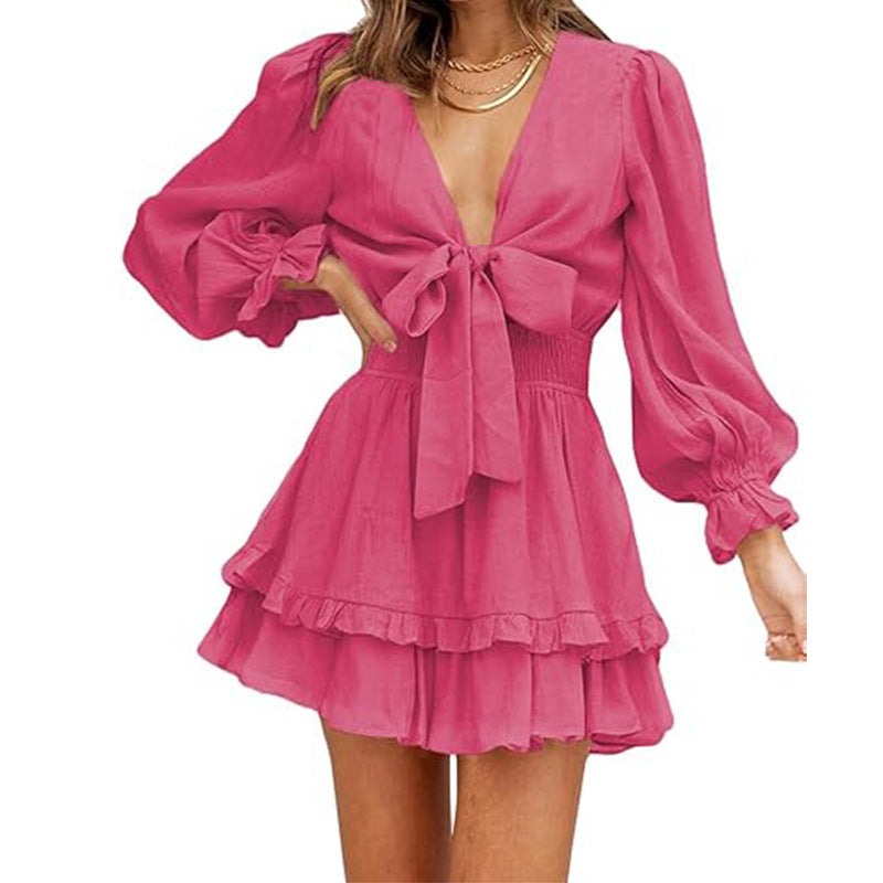 Ruffled Slimming Long Sleeves Short Dress