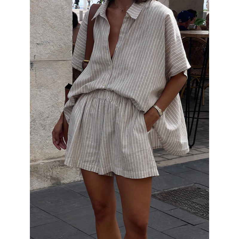 Fashion Casual Loose Striped Shirt Shorts Suit