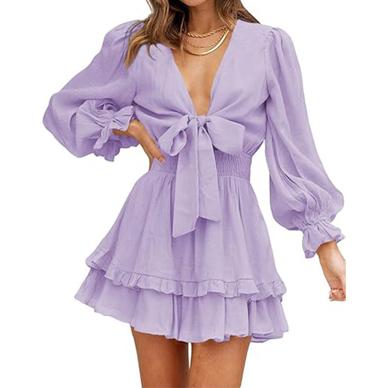 Ruffled Slimming Long Sleeves Short Dress