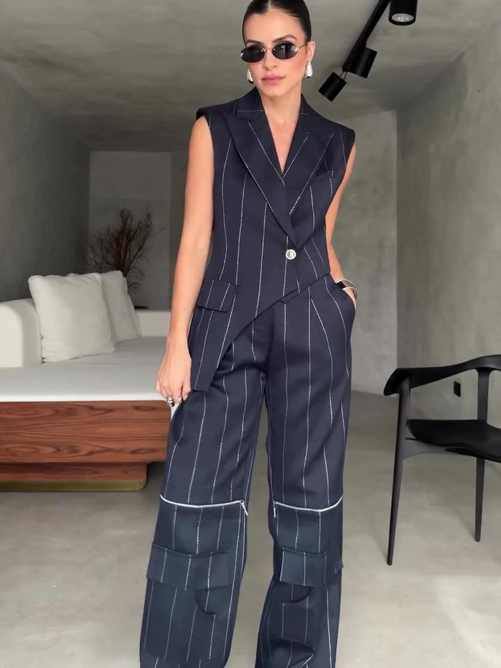 Striped Top Pocket Zipper Wide Leg Pants Suit