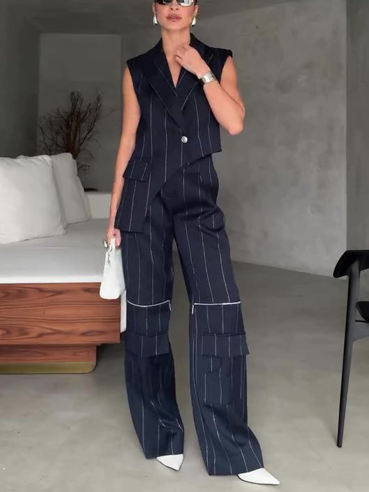 Striped Top Pocket Zipper Wide Leg Pants Suit