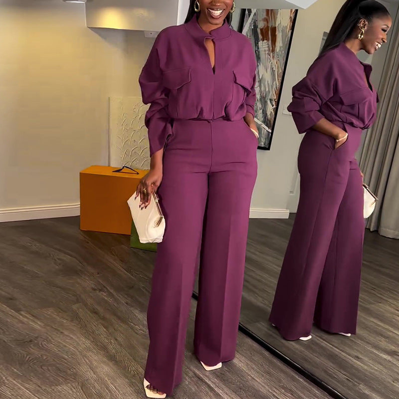 Casual V-neck Long Sleeve Top Wide-leg Trousers Suit