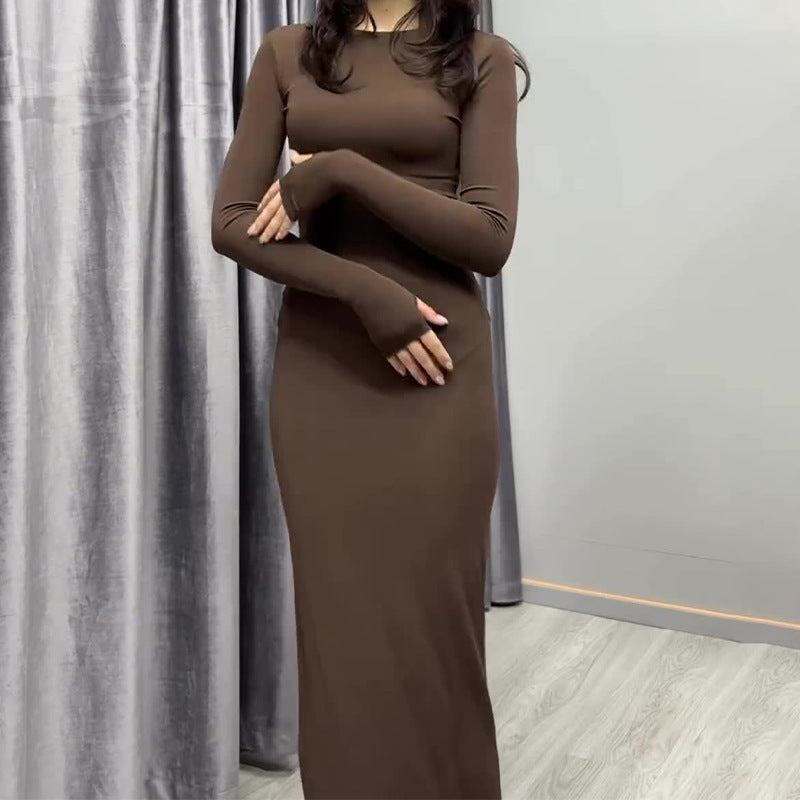 Long Sleeve Narrow Solid Color Dress