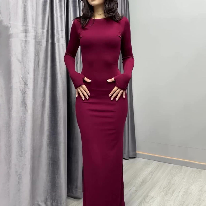 Long Sleeve Narrow Solid Color Dress