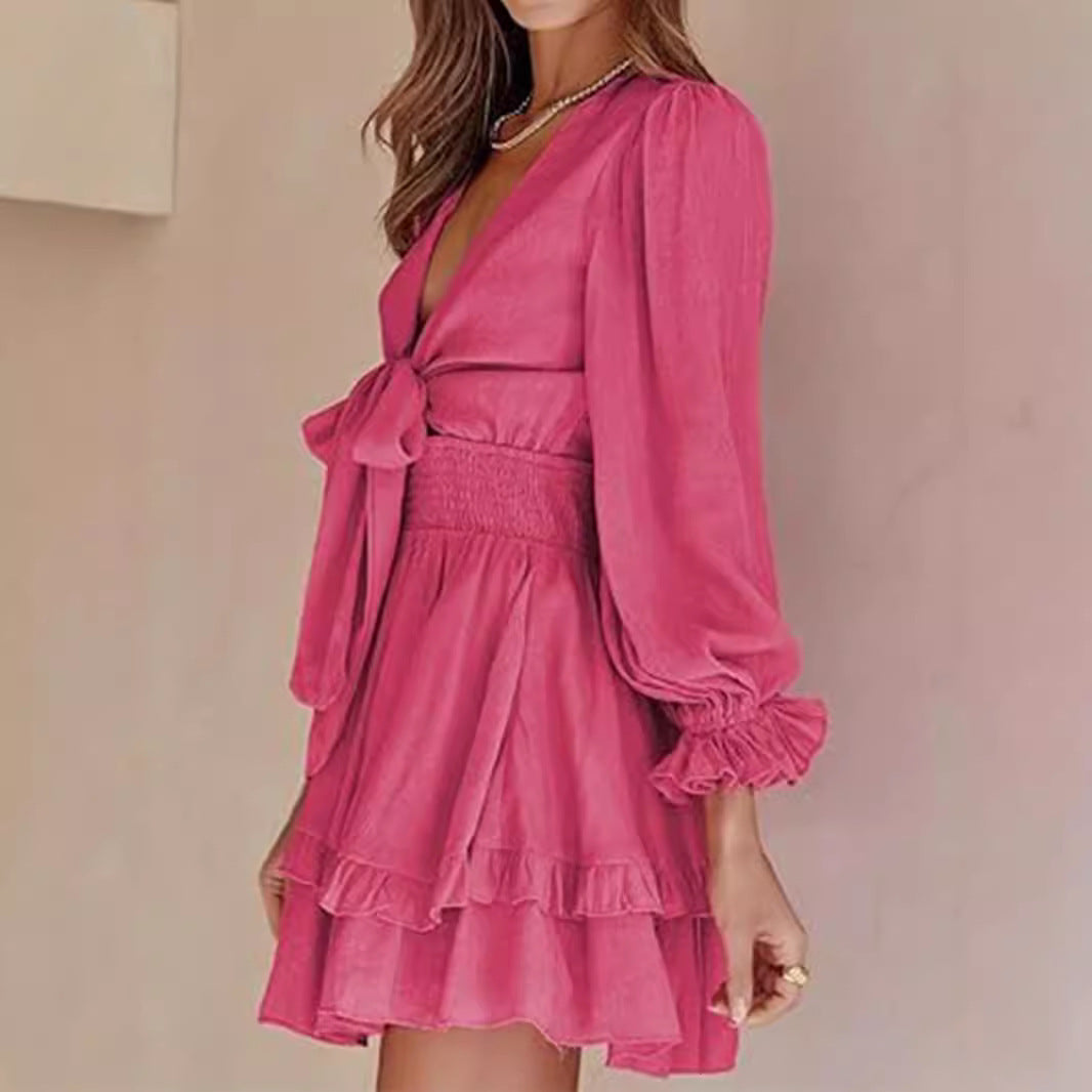 Ruffled Slimming Long Sleeves Short Dress