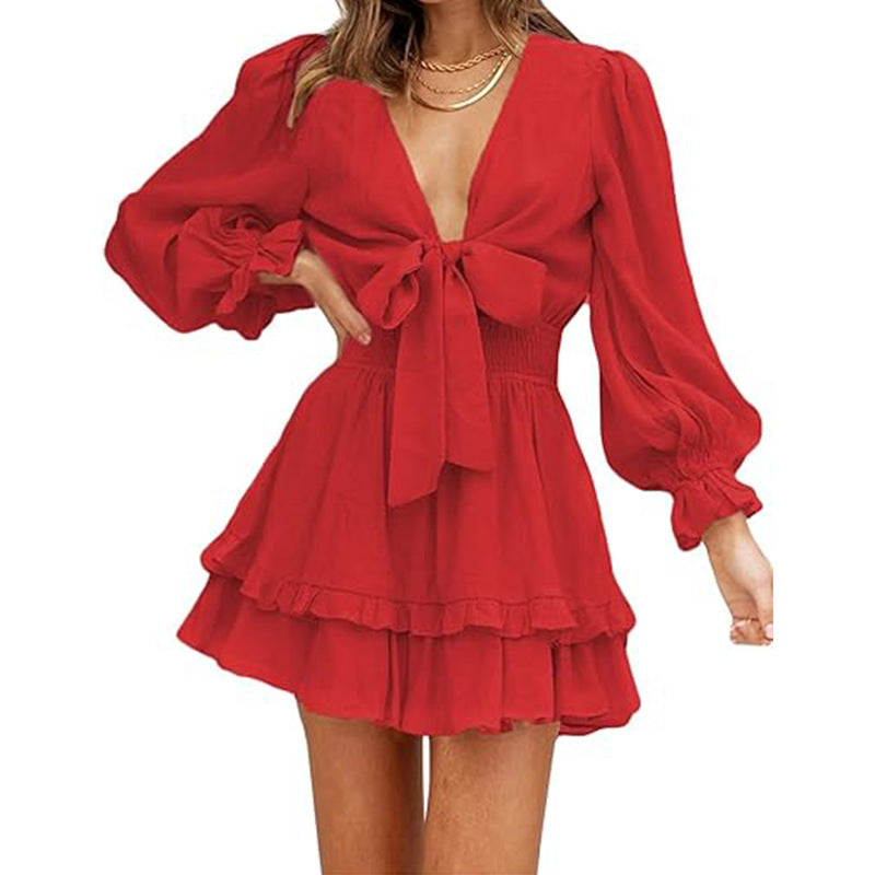 Ruffled Slimming Long Sleeves Short Dress