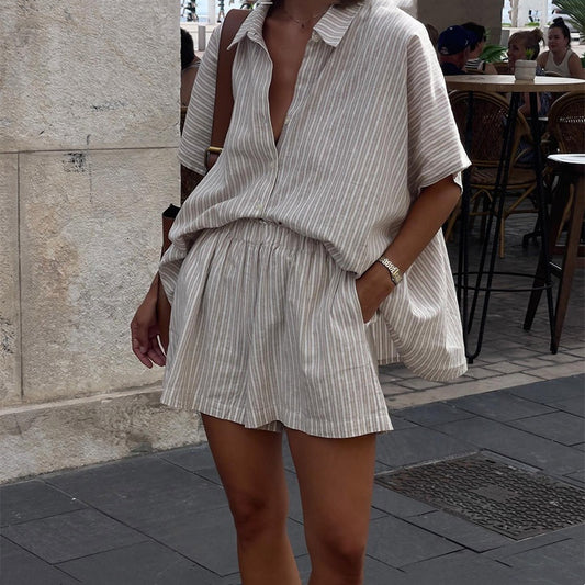 Fashion Casual Loose Striped Shirt Shorts Suit