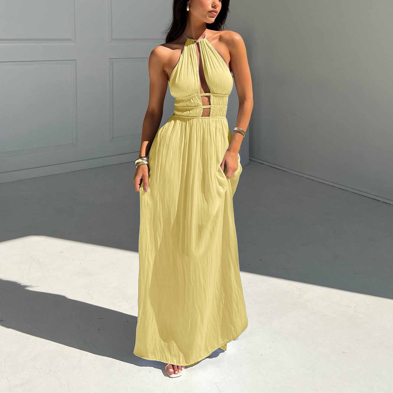 Off the-shoulder Hollow-out Pleated Dress